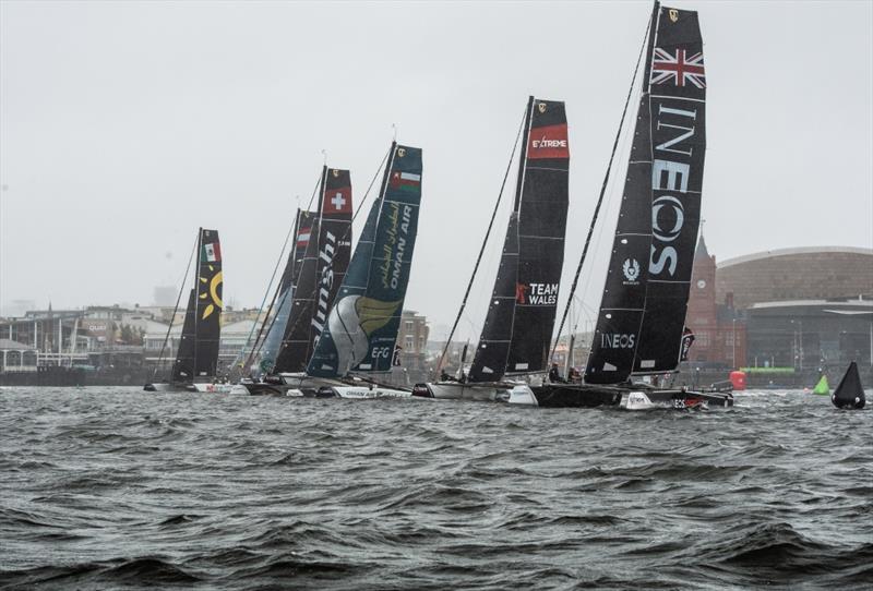 Extreme Sailing Series™ Cardiff 2018 - The fleet of race yachts in action during day 3 of racing close to the city photo copyright Vincent Curutchet / Lloyd Images taken at  and featuring the GC32 class