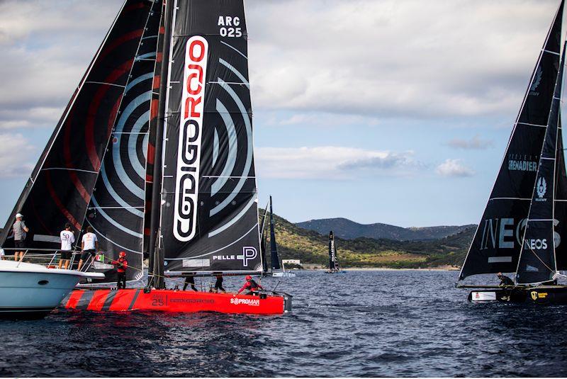 Federico Ferioli's Codigo Rojo Racing leads INEOS Team UK over the line in the final race on day 2 of the GC32 Villasimius Cup photo copyright Sailing Energy / GC32 Racing Tour taken at  and featuring the GC32 class