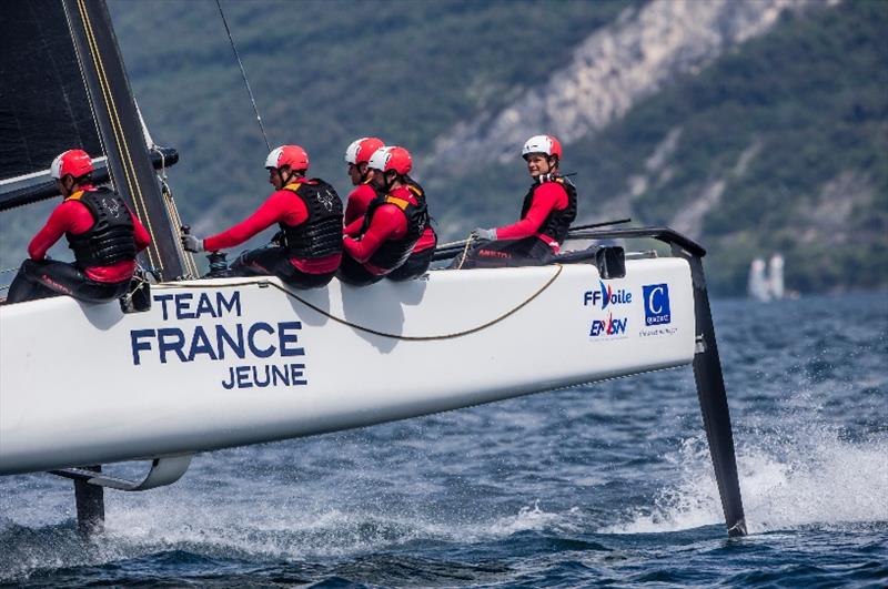 Robin Follin steers the Team France Jeune GC32 at the GC32 Riva Cup in 2017 photo copyright Sailing Energy / GC32 Racing Tour taken at  and featuring the GC32 class