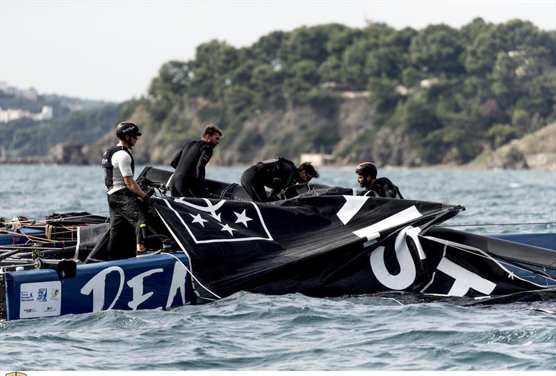 Realteam dismasted while leading today's opening race on day 2 of the GC32 TPM Med Cup - photo © Sailing Energy / GC32 Racing Tour