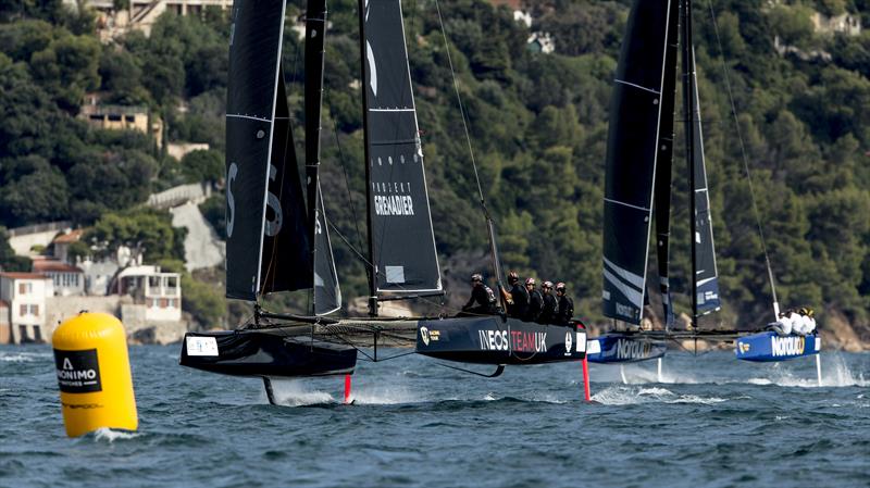 Battle of the America's Cup campaigns - INEOS Team UK versus Franck Cammas' NORAUTO on day 2 of the GC32 TPM Med Cup photo copyright Sailing Energy / GC32 Racing Tour taken at  and featuring the GC32 class