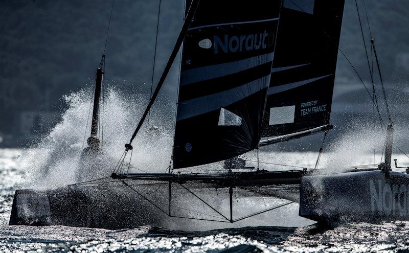 Wet ride on board Franck Cammas' NORAUTO on day 3 of the GC32 TPM Med Cup photo copyright Sailing Energy / GC32 Racing Tour taken at  and featuring the GC32 class