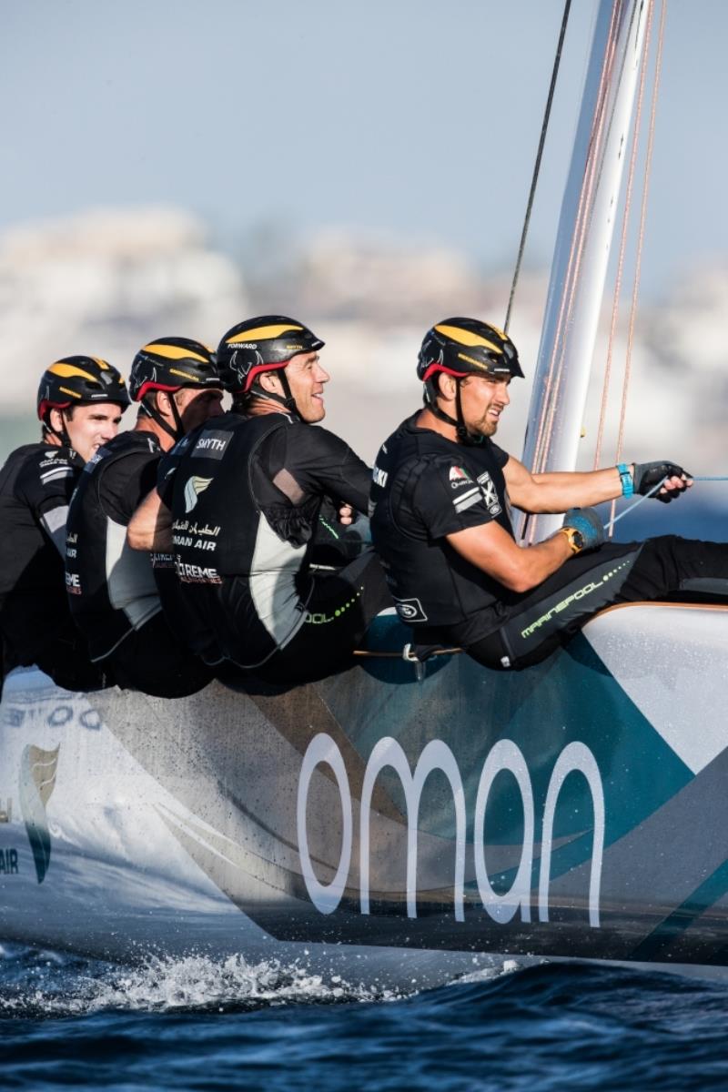 The 'Oman Air' race team shown in action close to the shore, skippered by Phill Robertson (NZL) with team mates Pete Greenhalgh (GBR), Ed Smyth (NZL/AUS), James Wierzbowski (AUS) and Nasser Al Mashari (OMA) - Extreme Sailing Series 2017, Act 8 photo copyright Lloyd Images taken at  and featuring the GC32 class