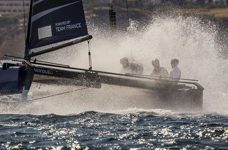 Wet ride for Franck Cammas and the NORAUTO crew on day 2 of the GC32 World Championship at Lagos photo copyright Jesus Renedo / Sailing Energy / GC32 Racing Tour taken at  and featuring the GC32 class