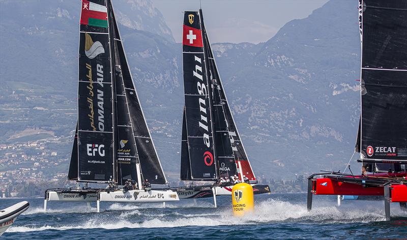 Alinghi versus Oman Air was the entire theme of the final day of the GC32 Riva Cup photo copyright Sailing Energy / GC32 Racing Tour taken at  and featuring the GC32 class