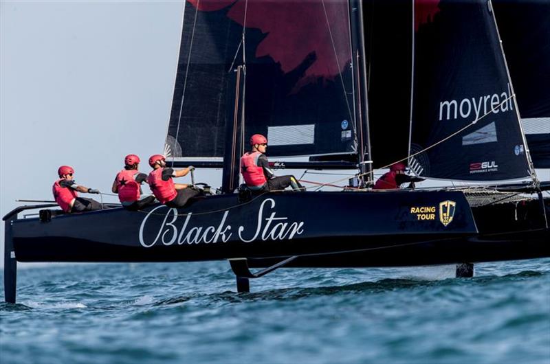 Black Star Sailing Team showed some strong moments today with Chris Steele at the helm - GC32 Oman Cup, Day 1 photo copyright Pedro Martinez / Sailing Energy / GC32 Racing Tour taken at  and featuring the GC32 class