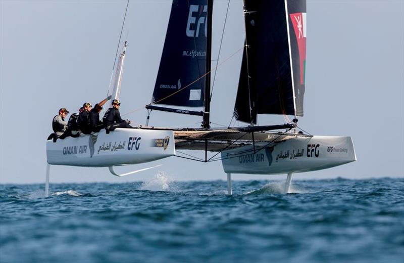 Oman Air has work to do tomorrow - GC32 Oman Cup, Day 1 - photo © Pedro Martinez / Sailing Energy / GC32 Racing Tour