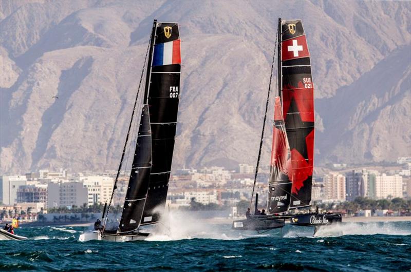 Erik Maris' Zoulou leads Black Star Sailing Team on to the run - GC32 Oman Cup day 3 photo copyright Sailing Energy / GC32 Racing Tour taken at  and featuring the GC32 class