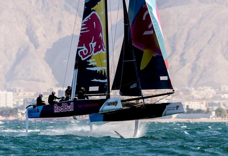 Red Bull Sailing Team was nicely lined up to win today's second race until they were luffed into second by Alinghi. - GC32 Oman Cup day 3 - photo © Sailing Energy / GC32 Racing Tour