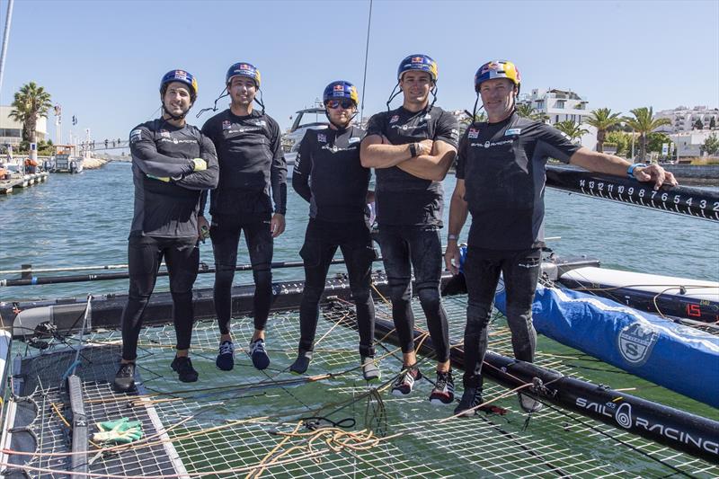 Left to right: Red Bull Sailing Team's crew for the GC32 Lagos Cup 2 - Mark Spearman, Iain Jensen, Nathan Outteridge, Neil Hunter and Hans-Peter Steinacher photo copyright Sailing Energy / GC32 Racing Tour taken at  and featuring the GC32 class