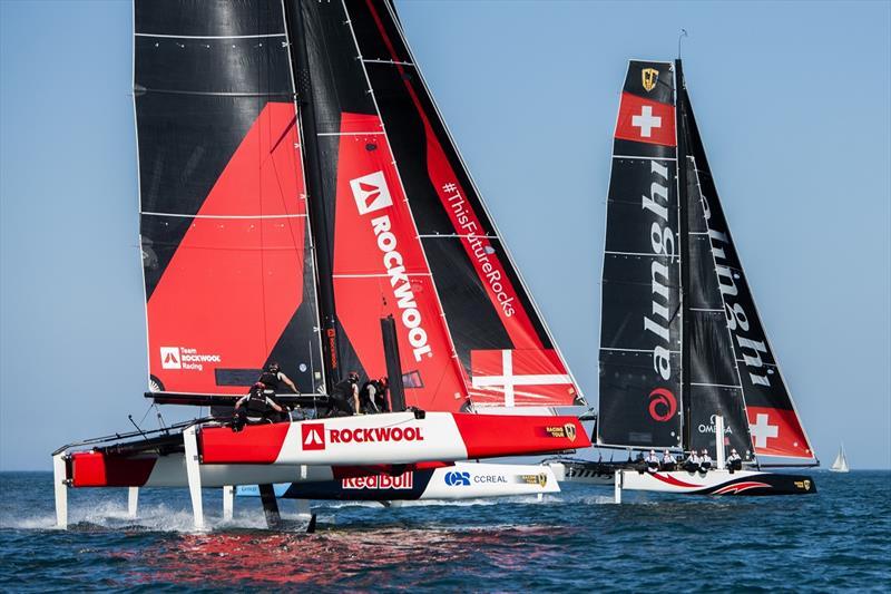 Alinghi leads Red Bull Sailing Team and Team Rockwool Racing down the reach - GC32 Lagos Cup 2 photo copyright Sailing Energy / Joao Costa Ferreira taken at  and featuring the GC32 class