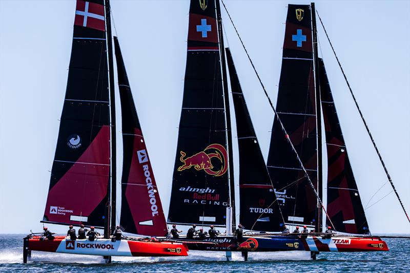 Neck and neck racing between Team Rockwool Racing, Alinghi Red Bull Racing - SUI 15 and Team Tilt on day 3 of the GC32 Racing Tour Lagos Cup photo copyright Sailing Energy / GC32 Racing Tour taken at Clube de Vela de Lagos and featuring the GC32 class