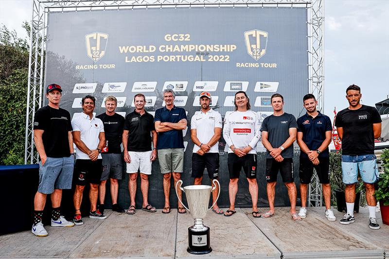 L-R: Paul Goodison, Christian Zuerrer, Nicolai Sehested, Simon Delzoppo (.film AUS Racing), Erik Maris (Zoulou), Graeme Sutherland (Team Canada), Piotr Harasimowicz (HRM Racing Team), Sebastien Schneiter (Team Tilt), Maxime Bachelin, Quentin Delapierre photo copyright Sailing Energy / GC32 Racing Tour taken at  and featuring the GC32 class