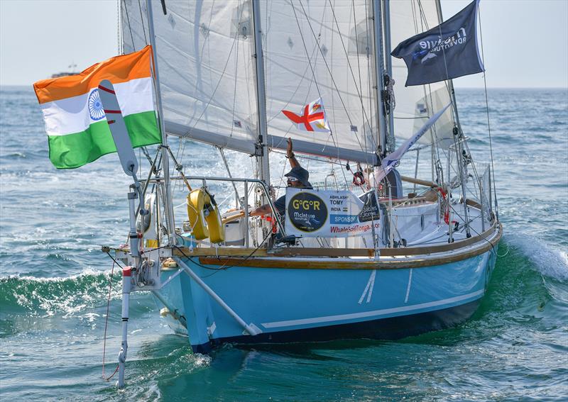 Abhilash Tomy sailing Thuriya, a wooden replica of Sir Robin' Knox-Johnston's yacht Suhaili, at the start of the 2018 Golden Globe Race photo copyright Christophe Favreau taken at  and featuring the Golden Globe Race class