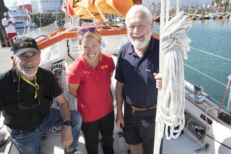 (l-r) Alex Carozzo (ITA) Susie Goodall and Sir Robin Knox-Johnston at the start of the 2018 Golden Globe Race photo copyright Tim Bishop taken at  and featuring the Golden Globe Race class