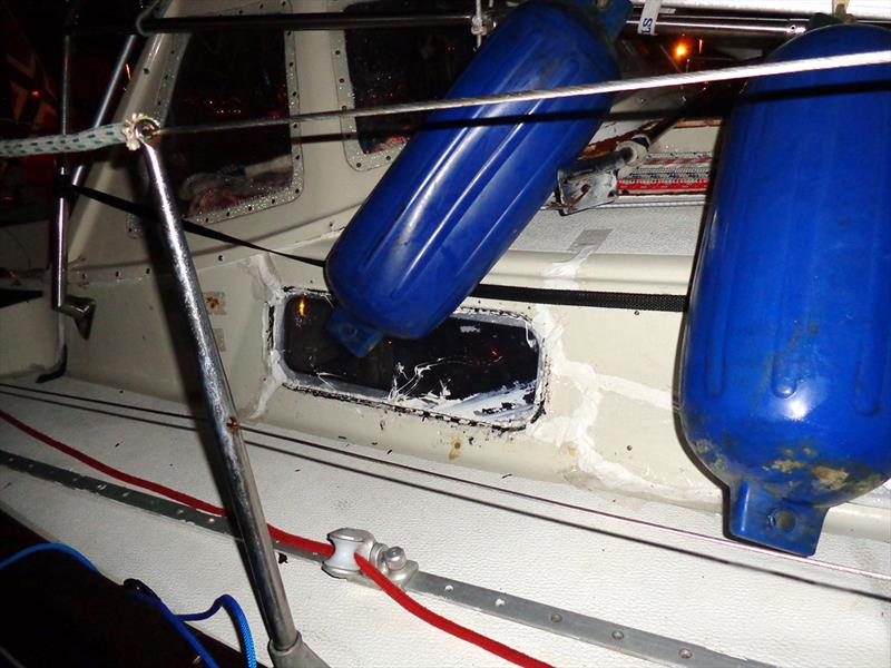 The smashed porthole and cracked deck on Are Wiig's OE 32 yacht Olleanna caused when she was rolled and dropped by a southern ocean wave photo copyright Peter Muller taken at  and featuring the Golden Globe Race class