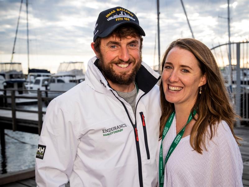 Gregor McGuckin pictured with his girlfriend Barbara O' Kelly, arrived in Perth, Western Australia aboard the frigate HMAS Ballarat. - photo © Tony McDonough / PPL / Golden Globe Race