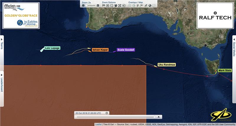 Loïc Lepage's position 600 miles SW of Perth Western Australia at 21:00 UTC relative to other yachts competing in the Golden Globe Race photo copyright Golden Globe Race taken at  and featuring the Golden Globe Race class