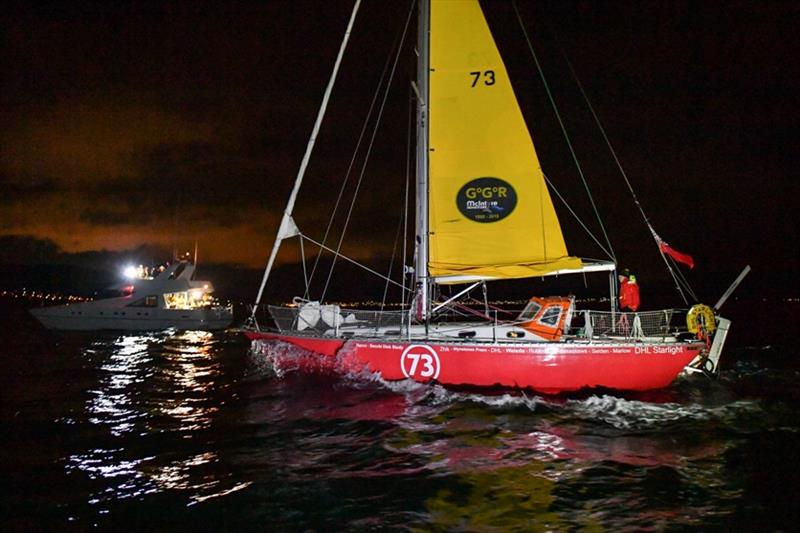 Arriving at night, Goodall stayed at anchor for 12 hours, fixing her self steering and scraping barnacles from the bottom of her yacht DHL Starlight photo copyright Christophe Favreau / PPL / GGR taken at  and featuring the Golden Globe Race class