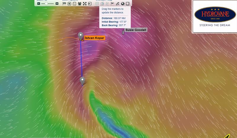 This weather overlay is for 0800 UTC 1 4.12.18 showing the predicted position of the storm and the point 180 miles south where Race HQ has advised Istvan Kopar to be in order to avoid the worst of the weather - Day 164 - Golden Globe Race 2018 - photo © Golden Globe Race