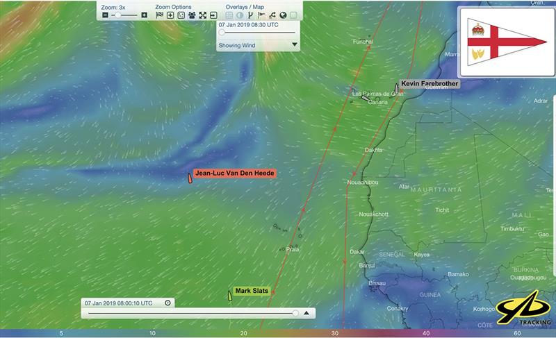 Golden Globe Race - Day 190 - Relative positions of Jean-Luc Van Den Heede and Mark Slats at 08:00 UTC today showing area of calms faced by the French leader photo copyright Golden Globe Race taken at  and featuring the Golden Globe Race class