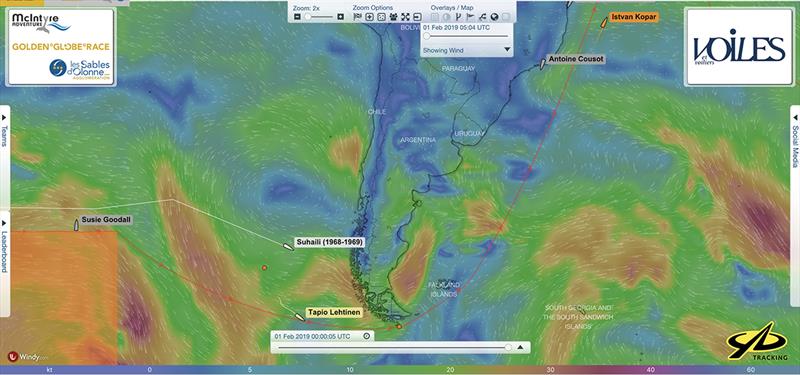 Golden Globe Race - Day 214 - Position of skippers at 00:00 UTC 01.02.19 photo copyright Golden Globe Race taken at  and featuring the Golden Globe Race class