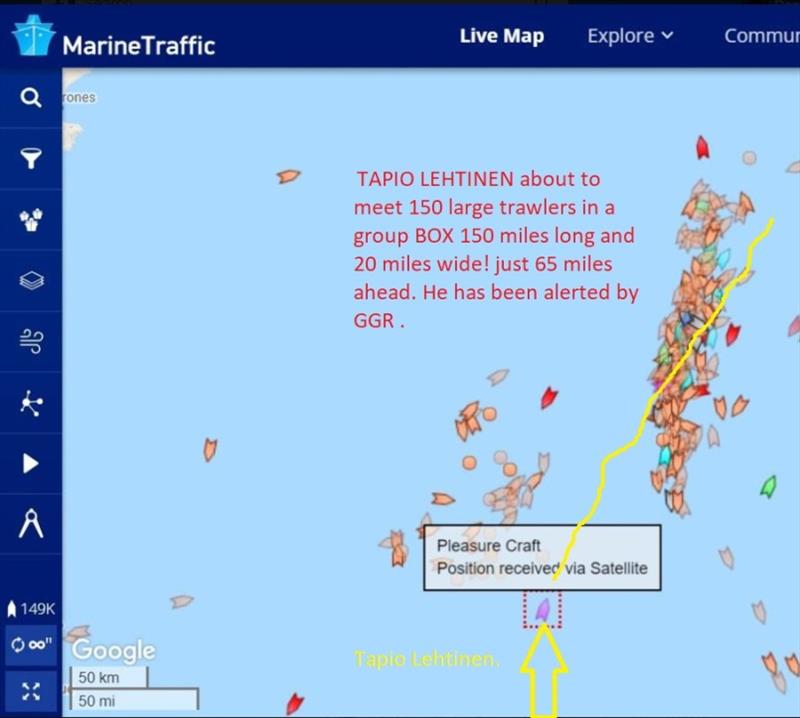 Tapio Lehtinen - facing a massive fleet of trawlers ahead of him - Golden Globe Race, Day 227 photo copyright Event Media taken at  and featuring the Golden Globe Race class