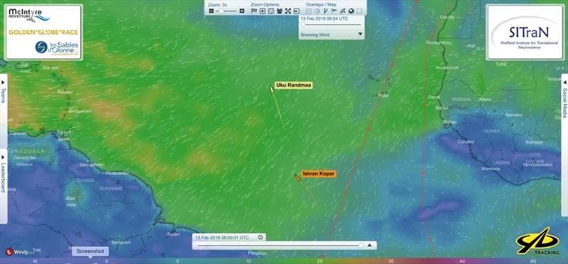 Relative positions of Uku Randmaa and Istvan Kopar at 08:00 UTC today - Golden Globe Race, Day 227 photo copyright Event Media taken at  and featuring the Golden Globe Race class