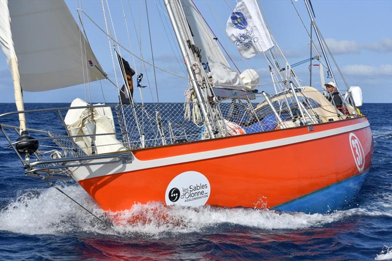 Istvan Kopar and his Tradewind 35 Puffin making good progress towards the Les Sables d'Olonne finish line today - Golden Globe Race photo copyright Christophe Favreau / PPL / GGR taken at  and featuring the Golden Globe Race class