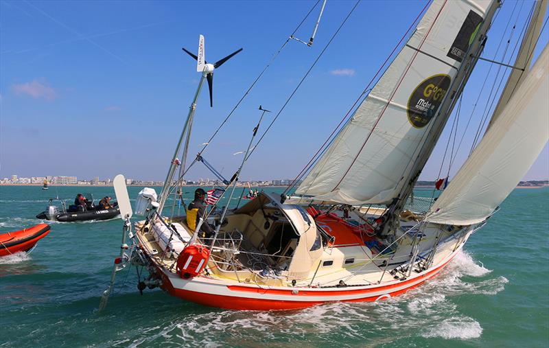 Istvan Kopar and his Tradewind 35 Puffin heading towards the Les Sables d'Olonne finish line today - 2019 Golden Globe Race photo copyright Jane Zhou / GGR / PPL taken at  and featuring the Golden Globe Race class