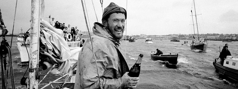 Sir Robin pictured in 1969 crossing the finish line in Golden Globe Race photo copyright Bill Rowntree / PPL Media taken at  and featuring the Golden Globe Race class