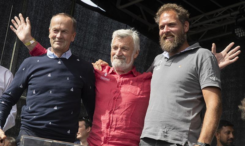 Podium winners: left to right: Uku Randmaa (3rd) Jean-Luc Van Den Heede (1st) Mark Slats (2nd) - Golden Globe Race, Day 295 photo copyright Tim Bishop / PPL / GGR taken at  and featuring the Golden Globe Race class