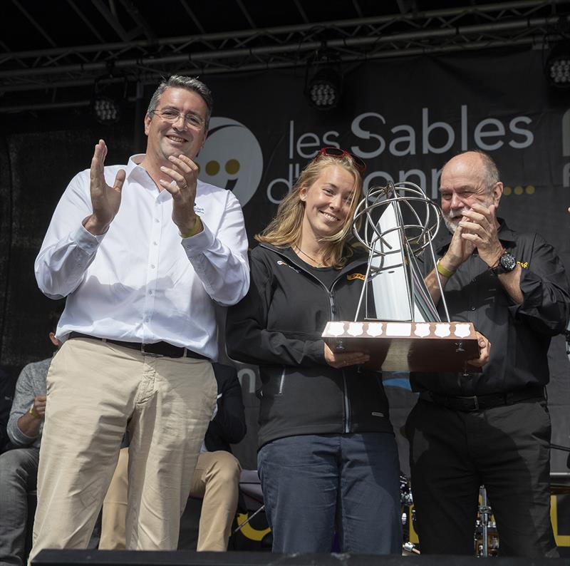 Susie Goodall receives the Kay Cottee Trophy from Yannick Moreau and Don McIntyre - Golden Globe Race, Day 295 photo copyright Tim Bishop / PPL / GGR taken at  and featuring the Golden Globe Race class