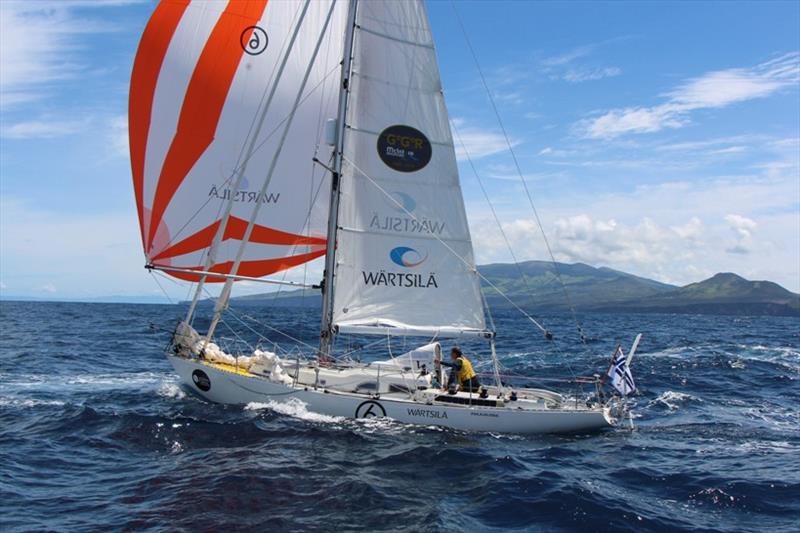 Tapio Lehtinen and his Gaia 36 Asteria photographed 4 miles west of Faial Island in the Azores - Golden Globe Race, Day 312 photo copyright Peter Foerthmann / Windpilot and Les Gallagher / Fishpics / PPL taken at  and featuring the Golden Globe Race class
