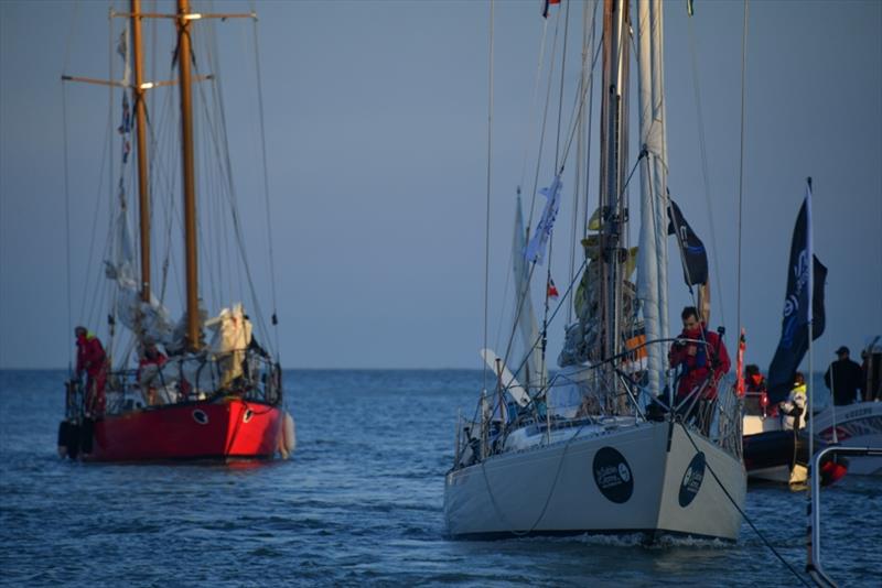Asteria was escorted the final 10 miles by Bernard Moitessier's famous French Golden Globe Race yacht Joshua photo copyright Christophe Favreau / PPL / GGR taken at  and featuring the Golden Globe Race class