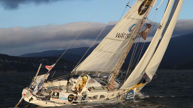 2018 Golden Globe Race: Finnish skipper Tapio Lehtinen and his Gaia 36 yacht ASTERIA arrival at the Boatshed.com Hobart Film gate in 6th place in the Golden Globe Race photo copyright GGR taken at  and featuring the Golden Globe Race class