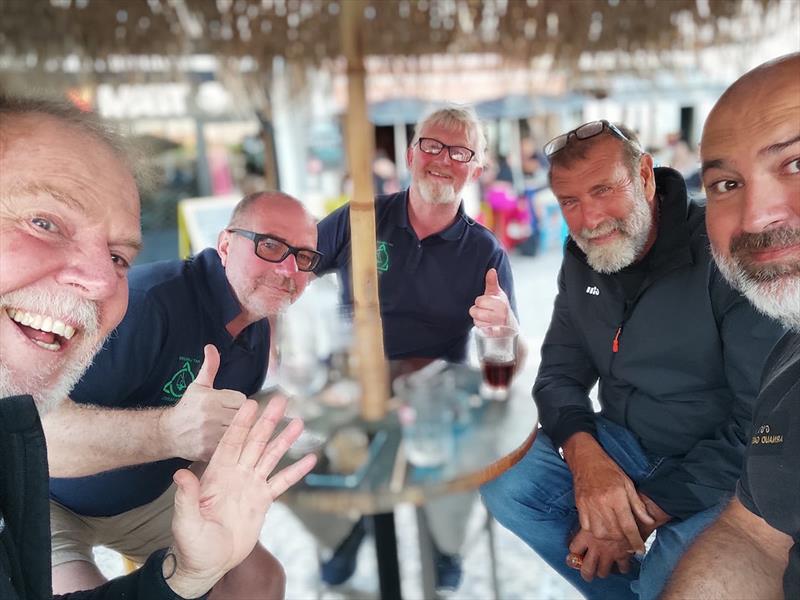 Left to Right: Mark Sinclair, Phil Galvin (Pat's Team), Pat Lawless, Guy deBoer and Arnaud Gaist, catching-up in Les Sables d'Olonne photo copyright Arnaud Gaist taken at  and featuring the Golden Globe Race class