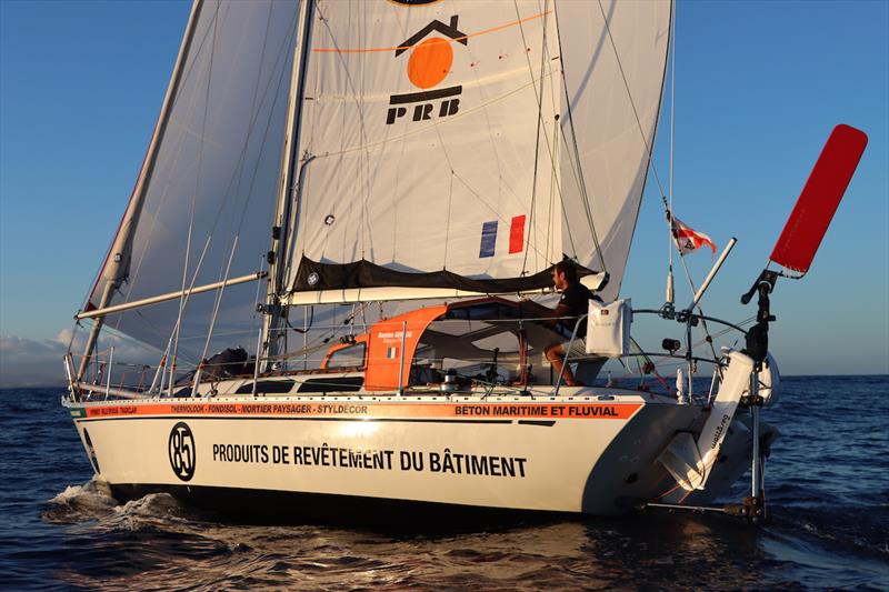 Damien Guillou arriving at the photogate Lanzarote in 12th position photo copyright Nora Havel / GGR2022 taken at  and featuring the Golden Globe Race class