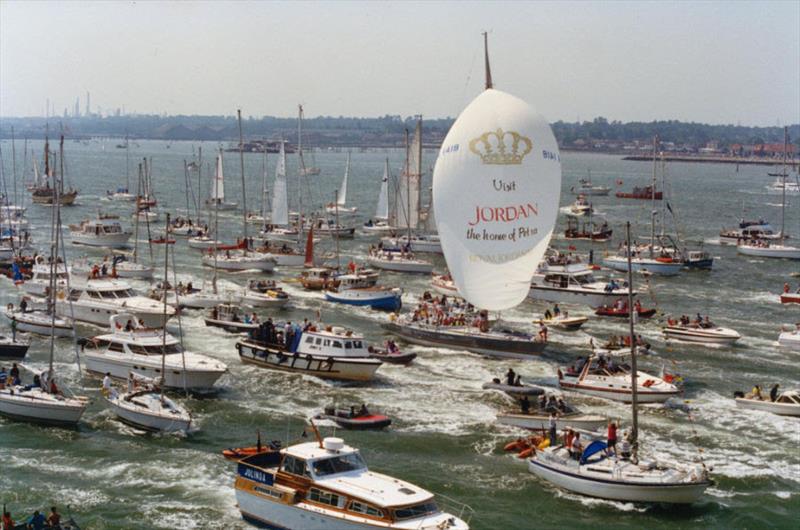 28th May 1990 – Maiden crossing the Whitbread finish line, surrounded by supporters photo copyright Andrew Sassoli-Walker taken at  and featuring the Golden Globe Race class