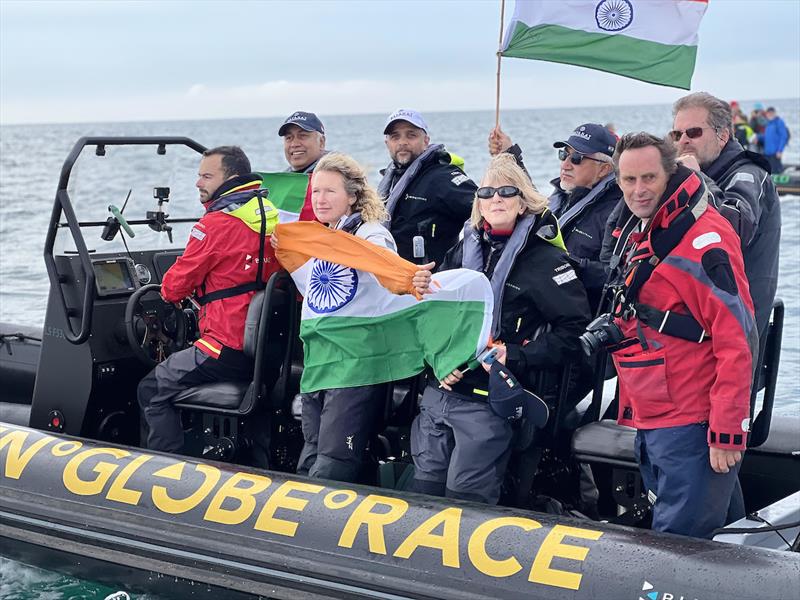 Abhilash's support team and Kirsten also came out to cheer as Abhilash Tomy finishes the Golden Globe Race 2022 photo copyright GGR2022 / D&JJ taken at  and featuring the Golden Globe Race class