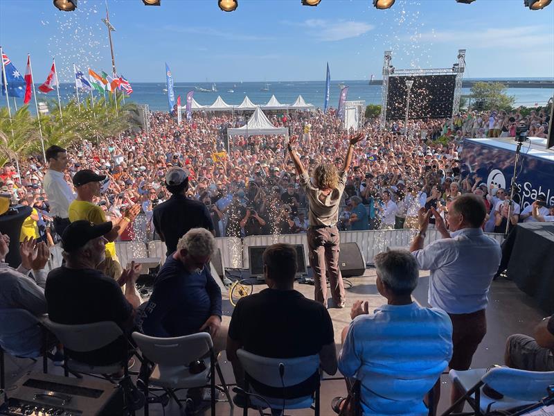 South African yachtswoman Kirsten Neuschäfer, winner of the 2022/3 Golden Globe Race, is greeted by the crowds when taking to the stage to collect her trophies - photo © Barry Pickthall / GGR / PPL