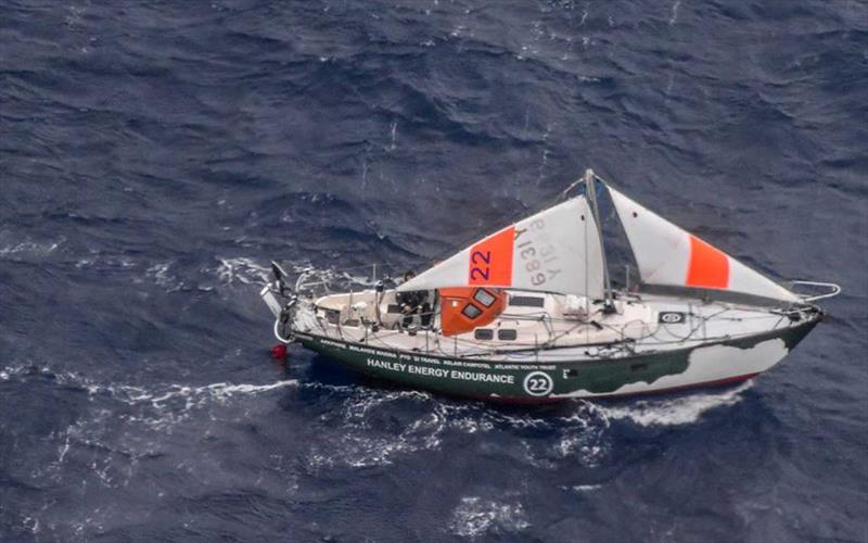 Storms in the 2018 McIntyre GGR wreaked havoc on the fleet, with four boats lost and five dismastings. Gregor McGuckin sailing “Hanley Energy Endurance” under jury rig attempting to reach Abhilash Tomy injured on his yacht and unable to move photo copyright JRCC Australia taken at  and featuring the Golden Globe Race class