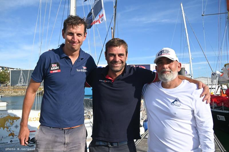 The top three finishers in the SITraN Challenge Prologue together at Port Olona: runner-up Henry Wootton of Privateer (left), winner Damien Guillou of Solarem (centre) and third-placed Andrea Lodolo of BiBi (right) - photo © Bernard Gergaud