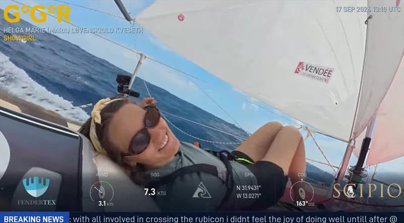 A smile at sea as SHOWGIRL picks up the pace. Norway's Helga Marie enjoys a moment on deck in this GGR Window LIVE image, with the display showing 7.3 knots. The day's race update credited her with 161 nm in 24 hours as the chasing fleet accelerated south - photo © GGR Window LIVE / GGR2026