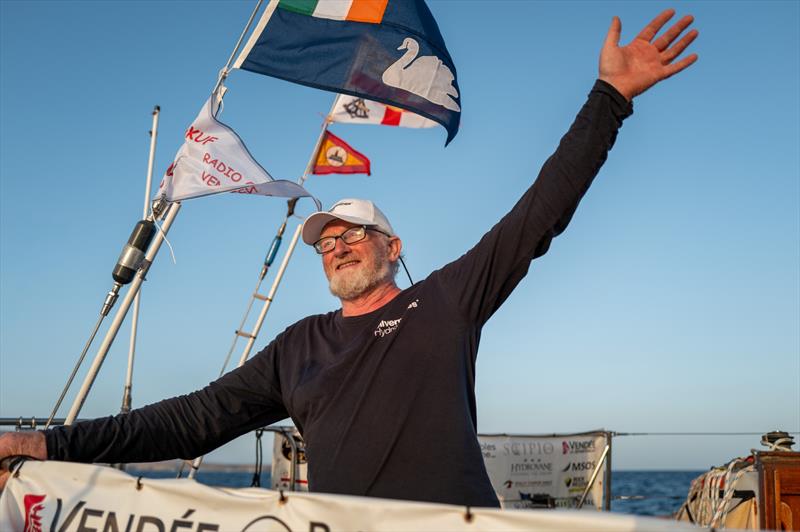 A wave, a smile, a welcome surprise. Pat Lawless greets GGR team from SILVERMINES HYDRO at Lanzarote. Convinced that the Rustler 36 fleet was ahead of him, the Irish skipper was delighted to learn that he was 2nd, just 7 hours behind Guillou at film drop - photo © Rob Havill / GGR2026