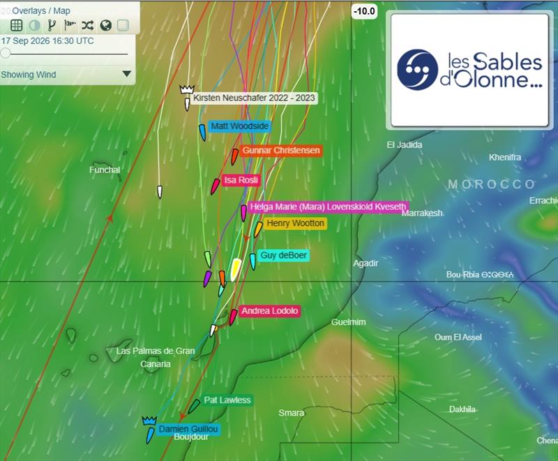The leaders push south as the chasing fleet closes on Lanzarote. The GGR2026 tracker at 16:30 UTC on 17 September shows Damien Guillou and Pat Lawless beyond the first film gate, with the fleet stretched northwards towards Madeira - photo © GGR2026 / YB Tracking