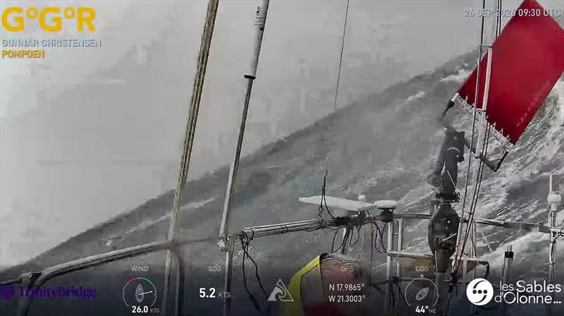 Heavy seas aboard POMPOEN. This GGR Window LIVE image from 26 Sept captures conditions facing American skipper Gunnar Christensen aboard Hans Christian 34 cutter. His account of the storm describes 50-kt winds, five-metre seas & equipment lost from stern - photo © GGR2026