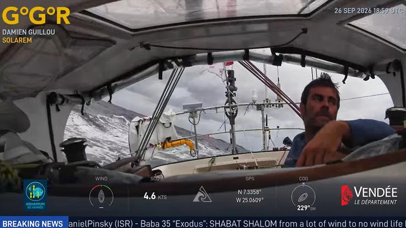 Pushing south aboard SOLAREM. Damien Guillou in cockpit of Rustler 36 during GGR Window LIVE on 26 Sept. That day, he reported sailing close-hauled in 20 – 25 knots, with squalls finally easing, as he & Pat Lawless continued towards southeast trade winds - photo © GGR2026