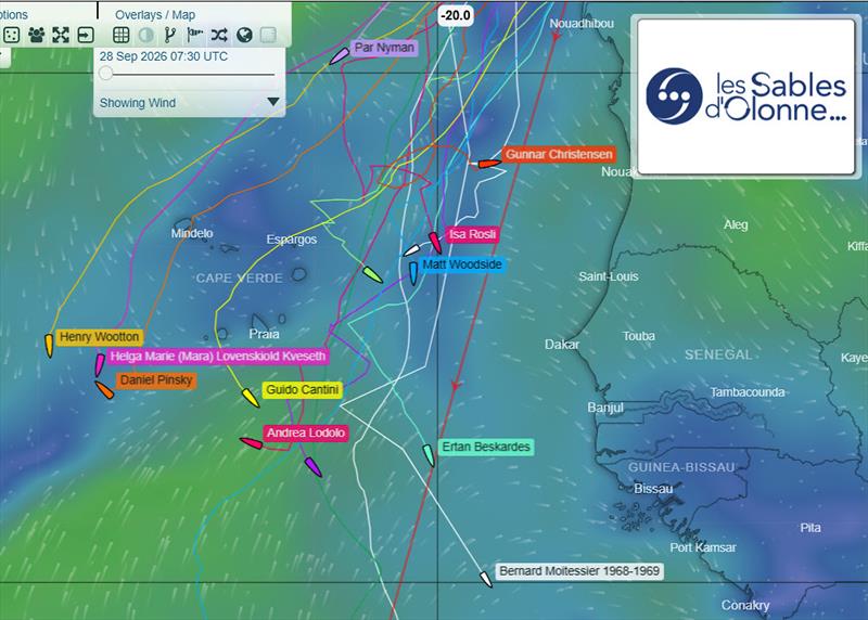 The storm's aftermath written in the tracks. This tracker view, displaying wind conditions for 07:30 UTC on 28 September, shows the fleet spread around Cabo Verde and off West Africa, with tangled tracks illustrating the difficult passage - photo © GGR2026