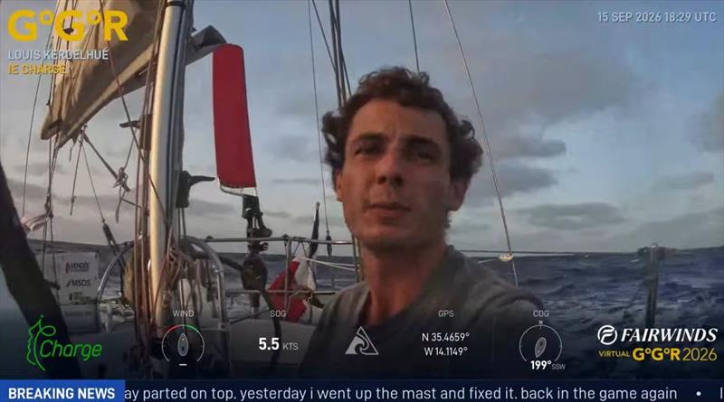 Louis Kerdelhué aboard IE CHARGE during an earlier GGR WINDOW LIVE transmission. Race Control raised a Code Orange concern on 5 October after unusually slow tracker movement and missed safety reports - photo © GGR2026